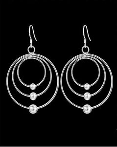 Ladies 925 Sterling Silver Three Circle Hoop Frosted Beads Layer Rings Earrings