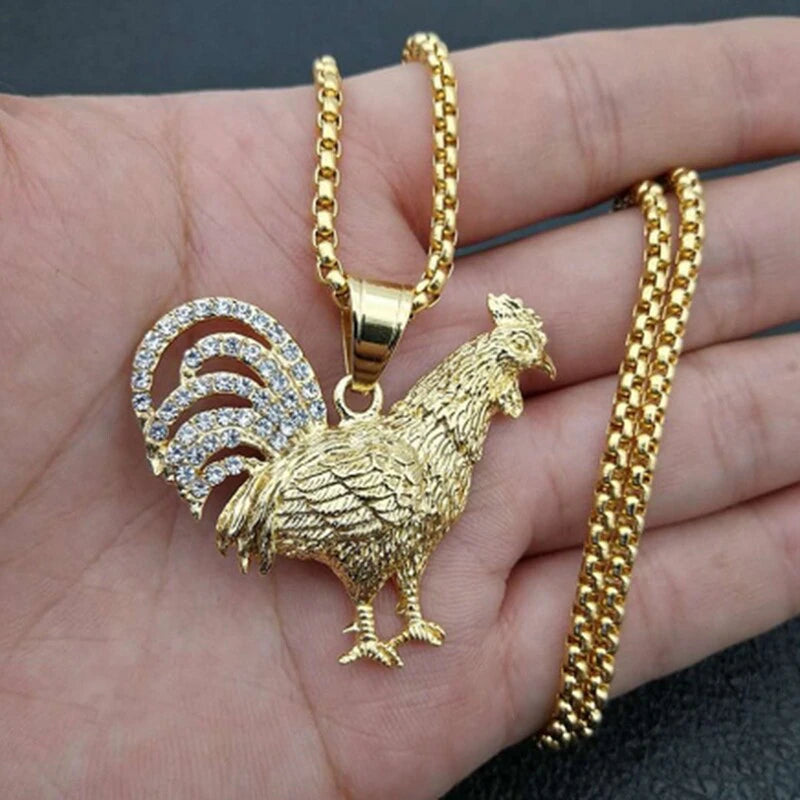 Unisex Gold Plated Rooster & Crystals Pendant Twist Chain Necklace