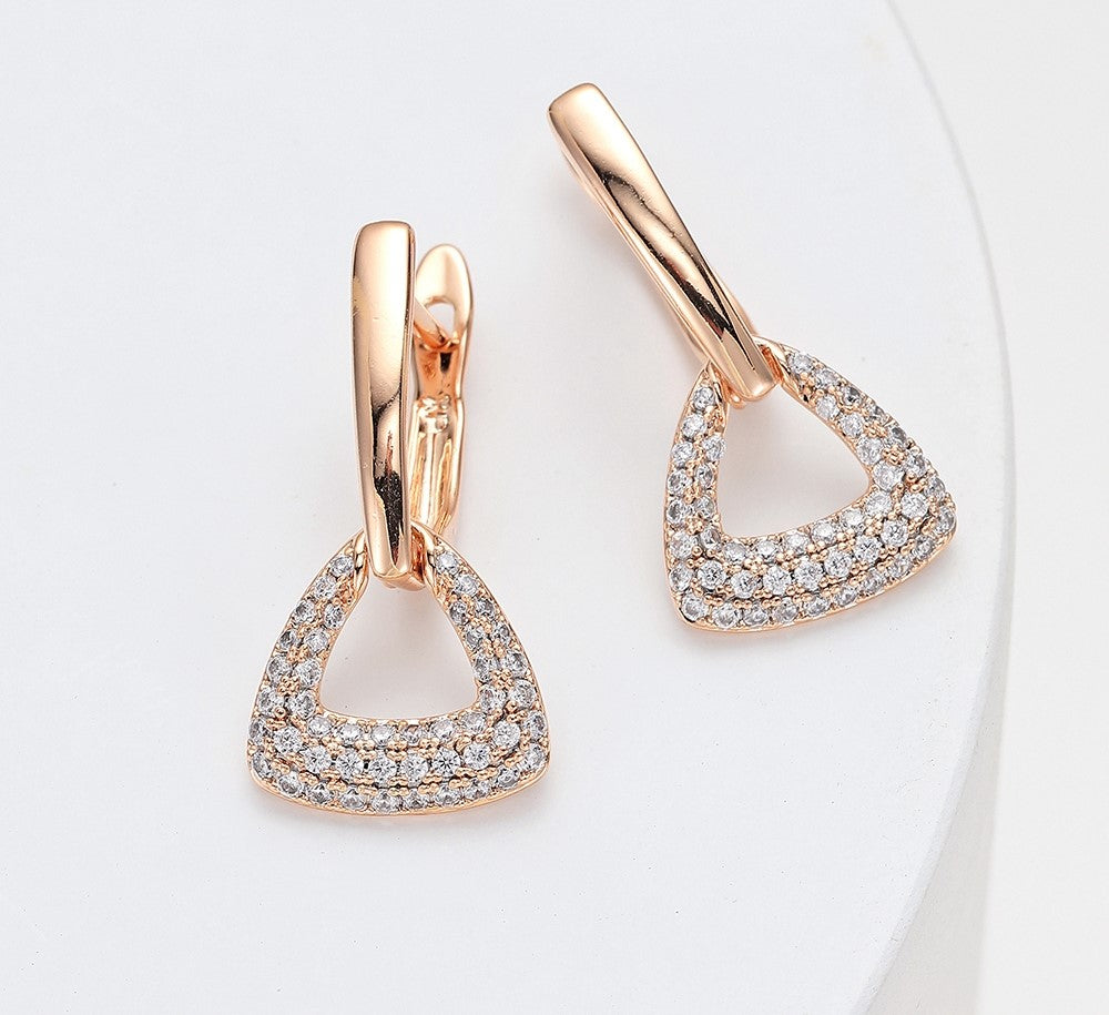 Ladies Luxury Copper Inlaid Crystal Geometric Triangle Interlock Drop Earrings
