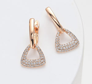 Ladies Luxury Copper Inlaid Crystal Geometric Triangle Interlock Drop Earrings