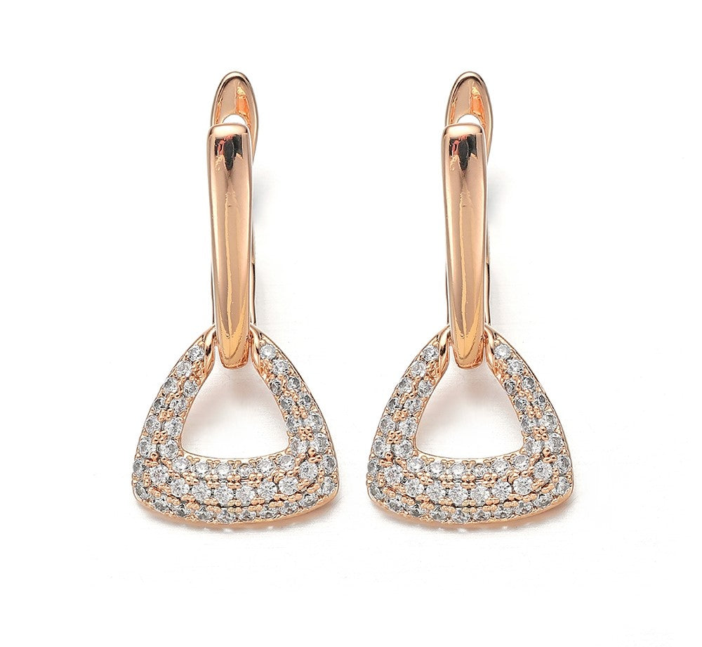 Ladies Luxury Copper Inlaid Crystal Geometric Triangle Interlock Drop Earrings