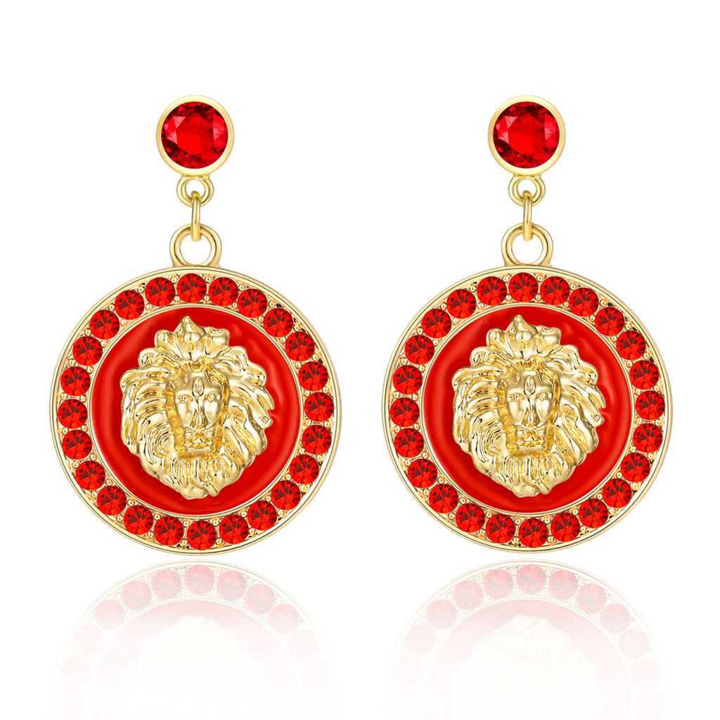 Ladies 18K Gold Plated Red Rhinestone Round Dangle Stud Earrings