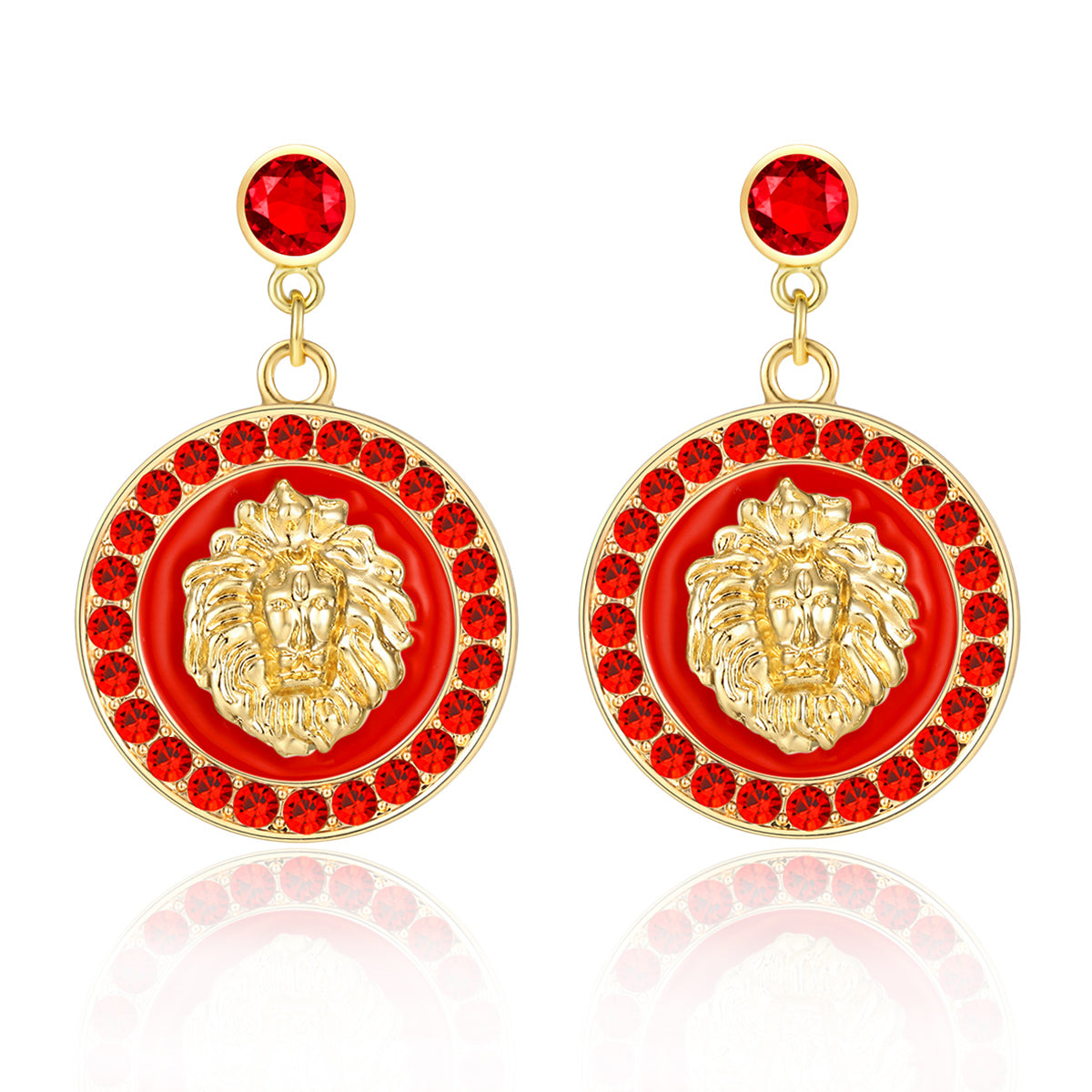 Ladies 18K Gold Plated Red Rhinestone Round Dangle Stud Earrings