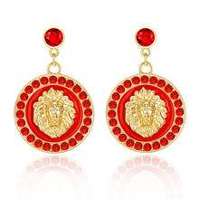 Load image into Gallery viewer, Ladies 18K Gold Plated Red Rhinestone Round Dangle Stud Earrings
