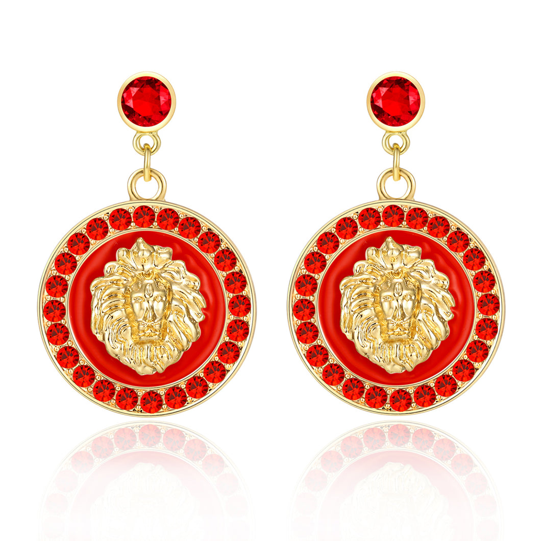 Ladies 18K Gold Plated Red Rhinestone Round Dangle Stud Earrings