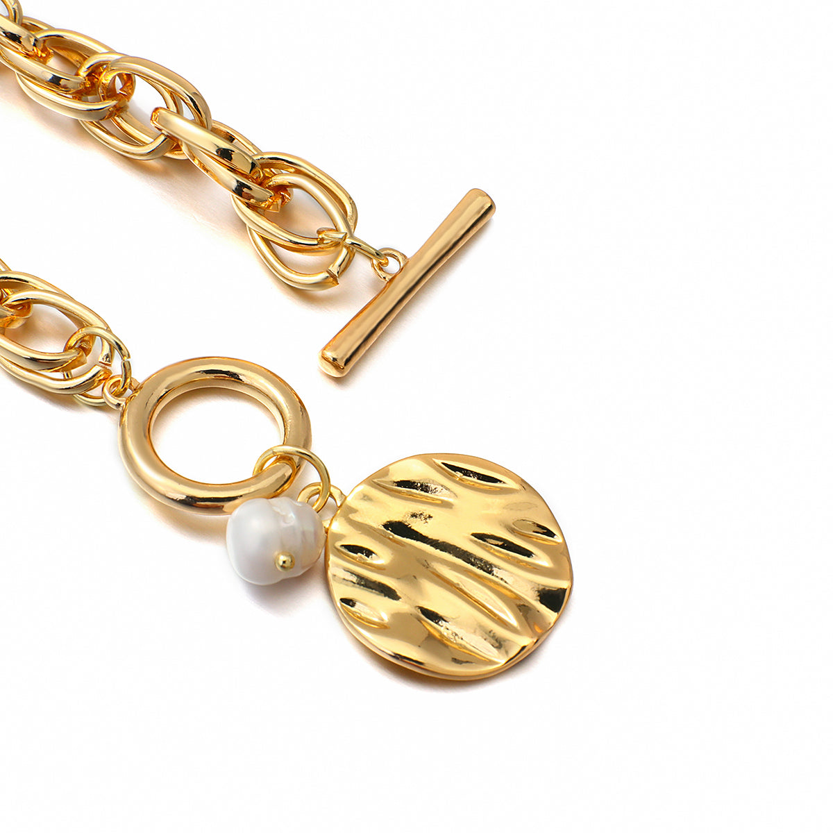Ladies Gold Chunky InterLink Small Pearl Circle Charms Toggle Clasp Bracelets