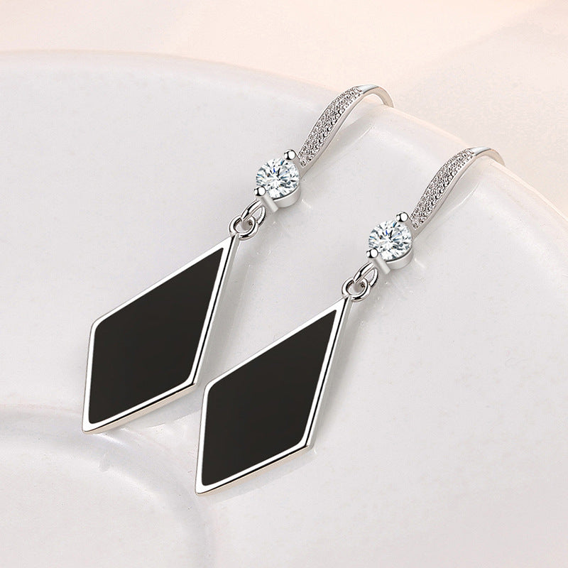 Ladies Sterling Silver Black Enamel Triangle Real Crystal Hook Dangle Earrings