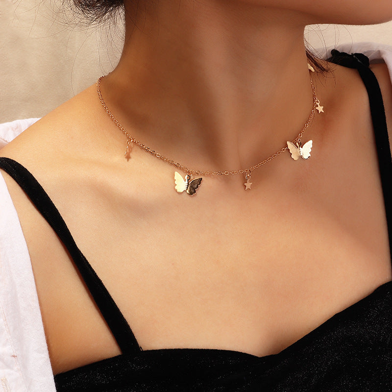 Gold Butterfly Star Pendant Choker Necklace