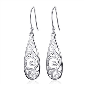 Ladies Silver Carving Hollow Floral Cutout Drop Earrings