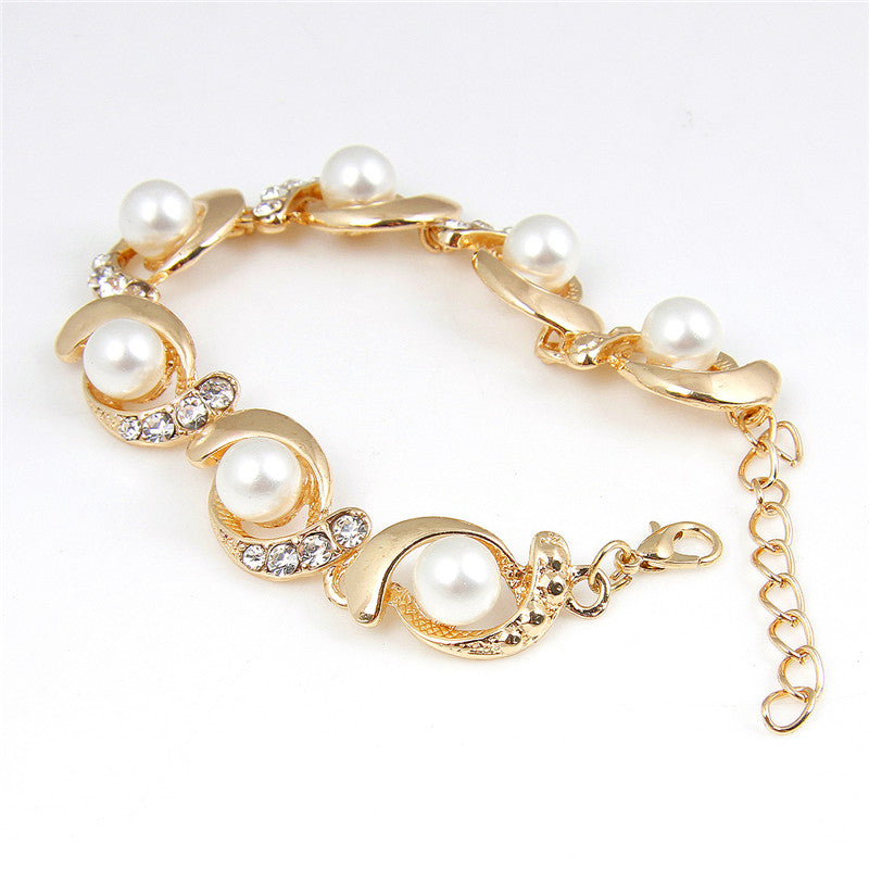 Ladies Simulated Pearl Crystal Twirl Link Adjustable Bracelet