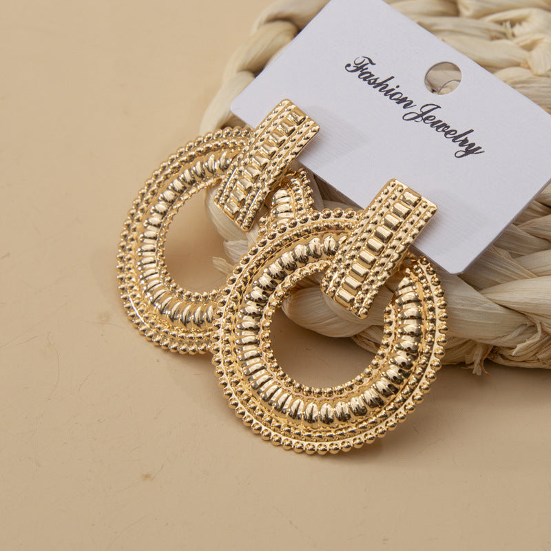 Ladies Gold Round Ring Disc Statement Geometric Interlock Panel Stud Earrings