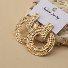 Load image into Gallery viewer, Ladies Gold Round Ring Disc Statement Geometric Interlock Panel Stud Earrings
