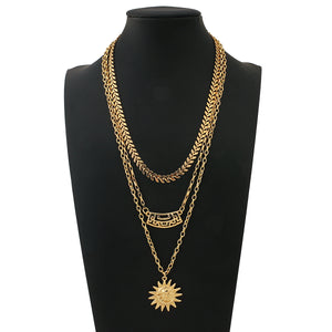 Ladies Gold 3Tier Multi Layer Sun Cutout Wall Choker Wheat Chain Party Necklace