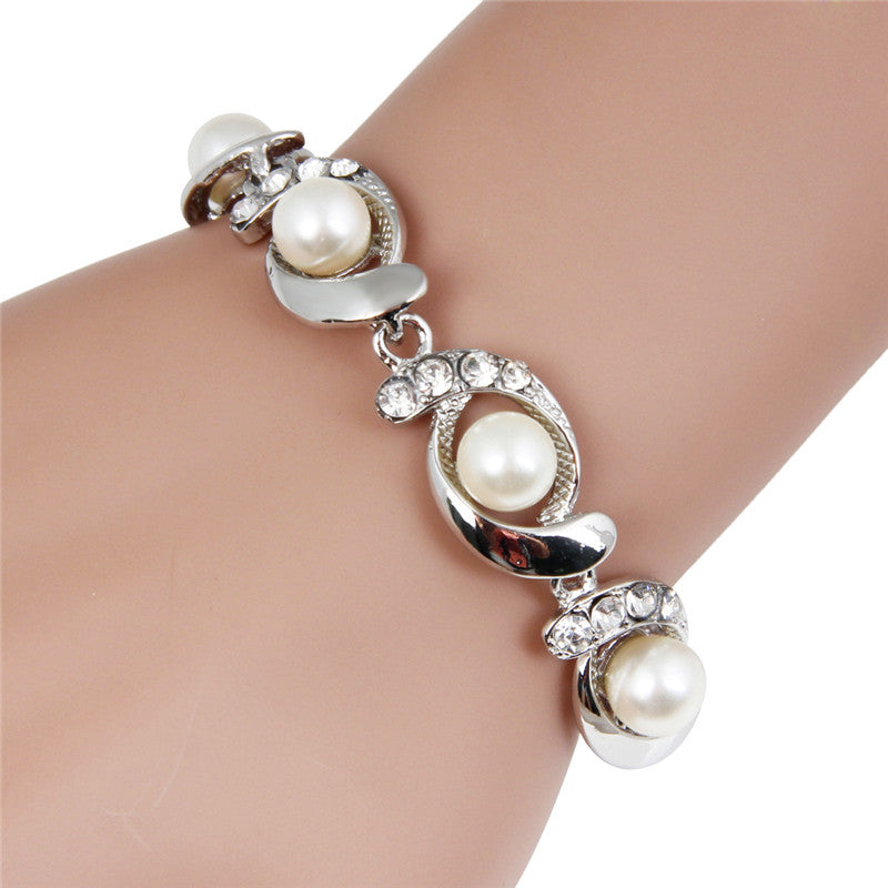 Ladies Simulated Pearl Crystal Twirl Link Adjustable Bracelet