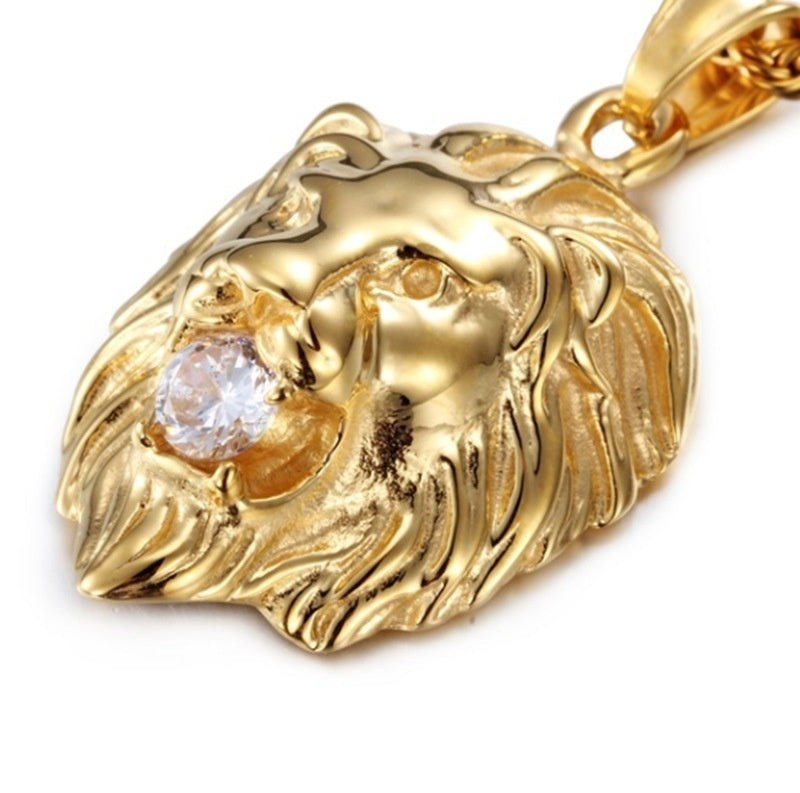 Gold Plated Lion Head Clear Gemstone Medusa Pendant Twist Chain Necklace