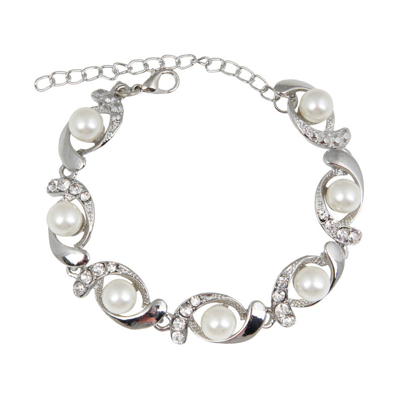 Ladies Simulated Pearl Crystal Twirl Link Adjustable Bracelet