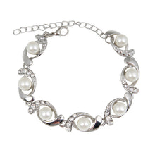 Load image into Gallery viewer, Ladies Simulated Pearl Crystal Twirl Link Adjustable Bracelet
