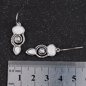 Ladies Vintage Silver White Moonstone Spiral Crystal Drop Dangle Hook Earrings