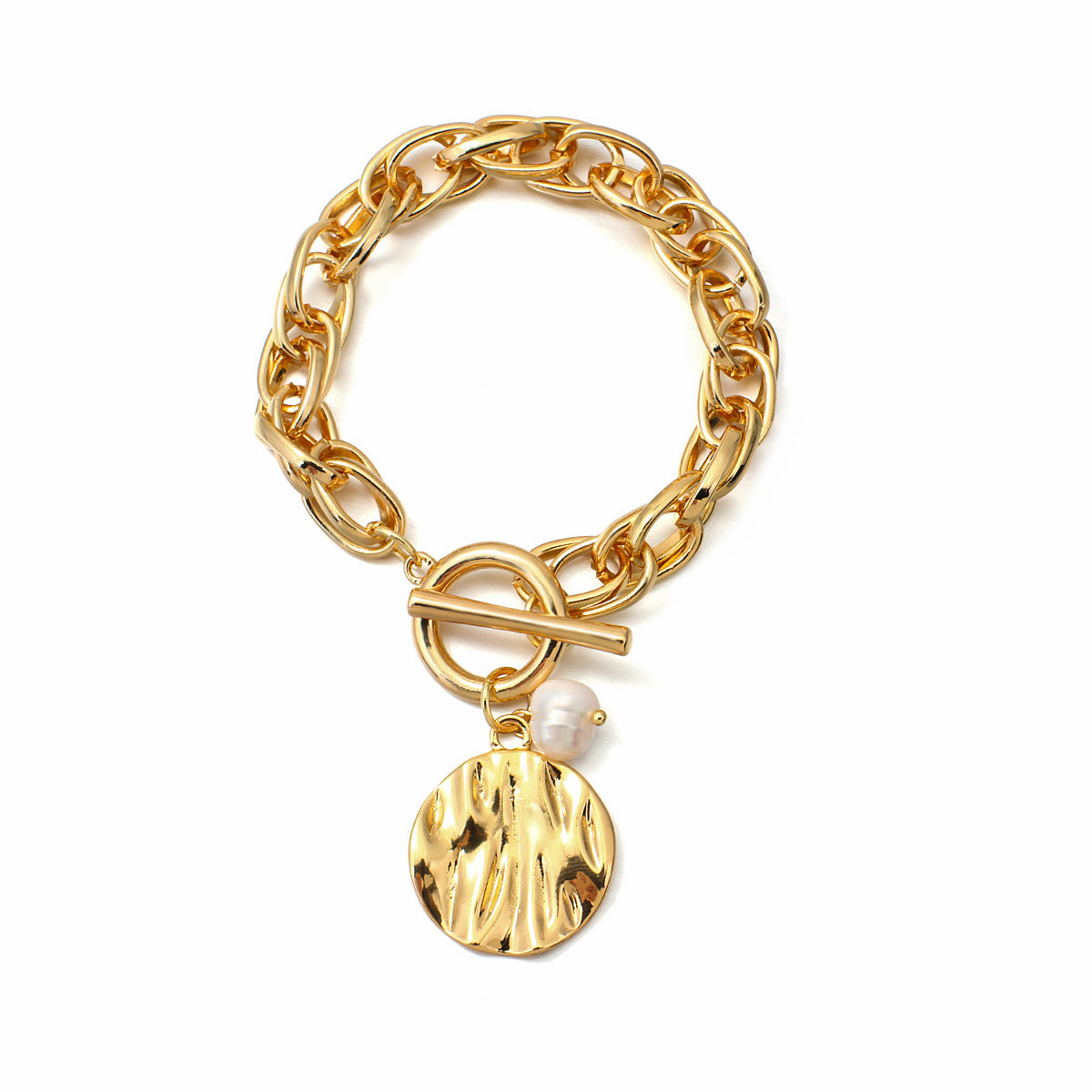 Ladies Gold Chunky InterLink Small Pearl Circle Charms Toggle Clasp Bracelets