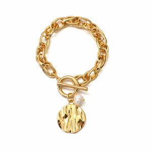 Ladies Gold Chunky InterLink Small Pearl Circle Charms Toggle Clasp Bracelets