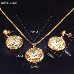 Gold Plated Tree of Life Stainless Steel Pendant Earrings Necklace set