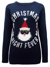Load image into Gallery viewer, Ladies Navy Santa &#39;Christmas Night Fever&#39; Slogan Knitted Jumper

