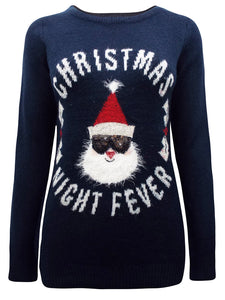Ladies Navy Santa 'Christmas Night Fever' Slogan Knitted Jumper