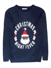 Load image into Gallery viewer, Ladies Navy Santa &#39;Christmas Night Fever&#39; Slogan Knitted Jumper
