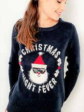 Load image into Gallery viewer, Ladies Navy Santa &#39;Christmas Night Fever&#39; Slogan Knitted Jumper

