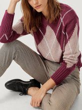 Load image into Gallery viewer, Ladies Ellos Wine Wool Blend Argyle Ribbed Knitted Jumper
