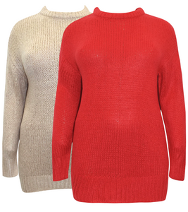 Ladies Beige Red Chunky Knitted Long Sleeve Plus Size Jumpers