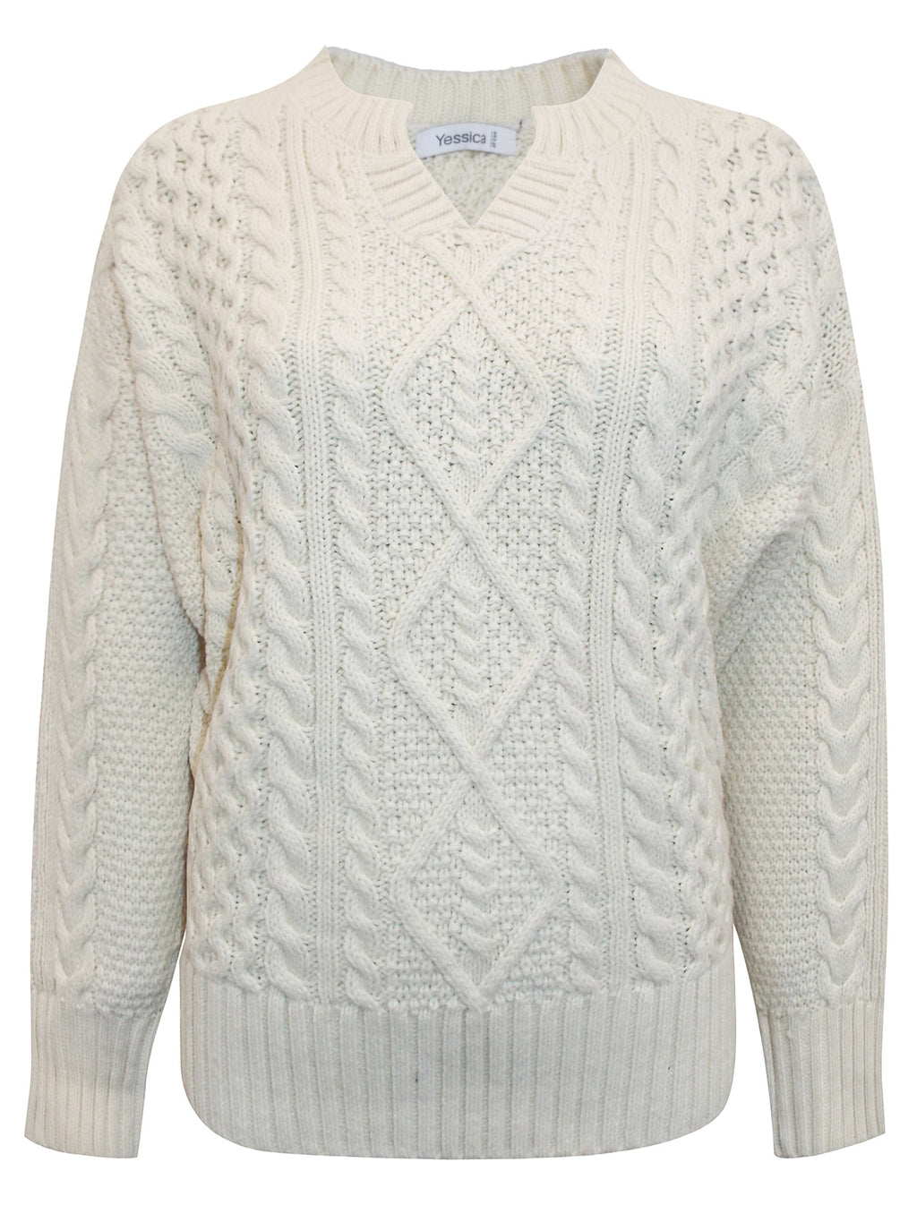 Ladies  Cream Ribbed V Neck Chunky Cable Knit Jumper