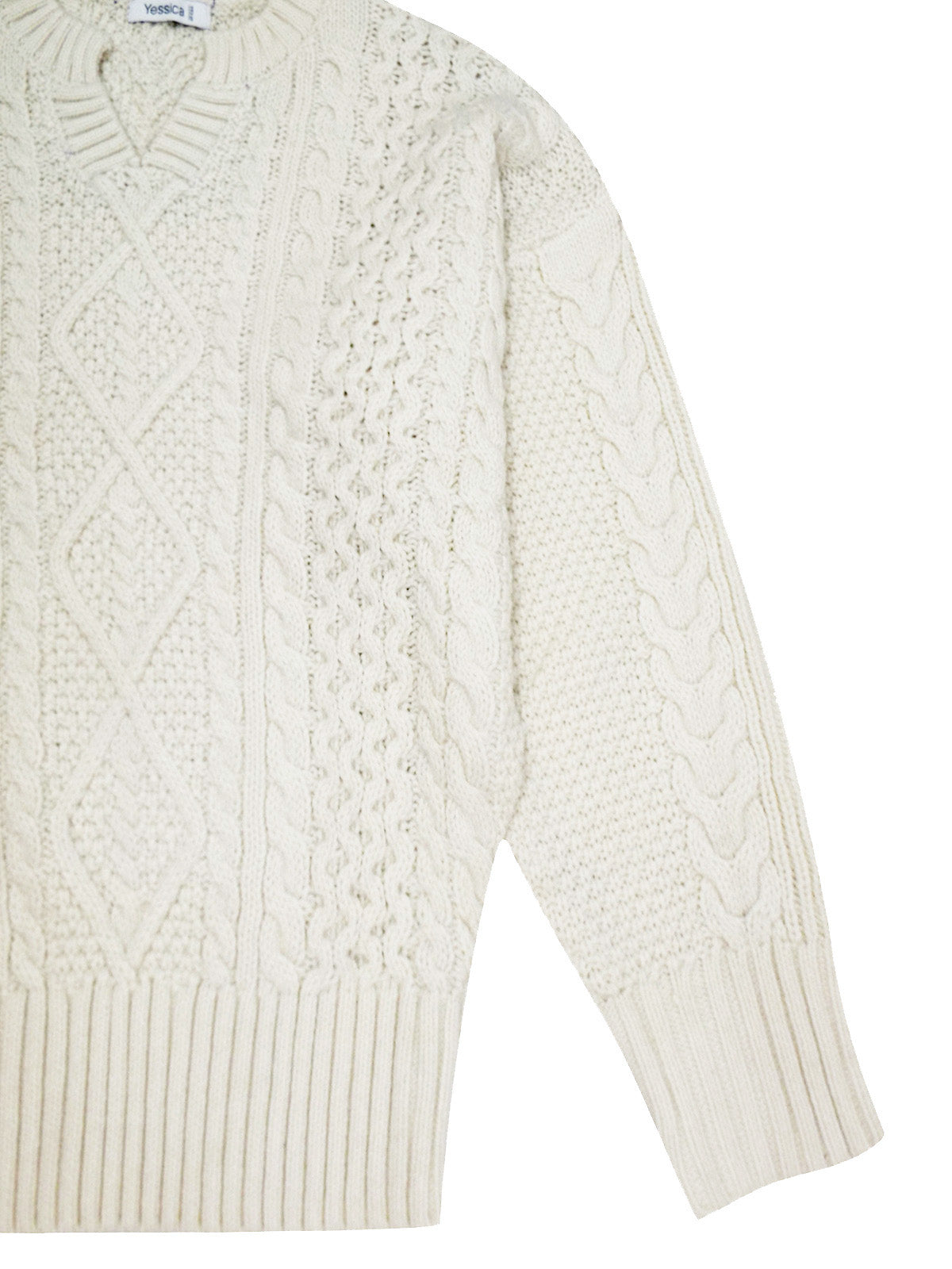 Ladies  Cream Ribbed V Neck Chunky Cable Knit Jumper