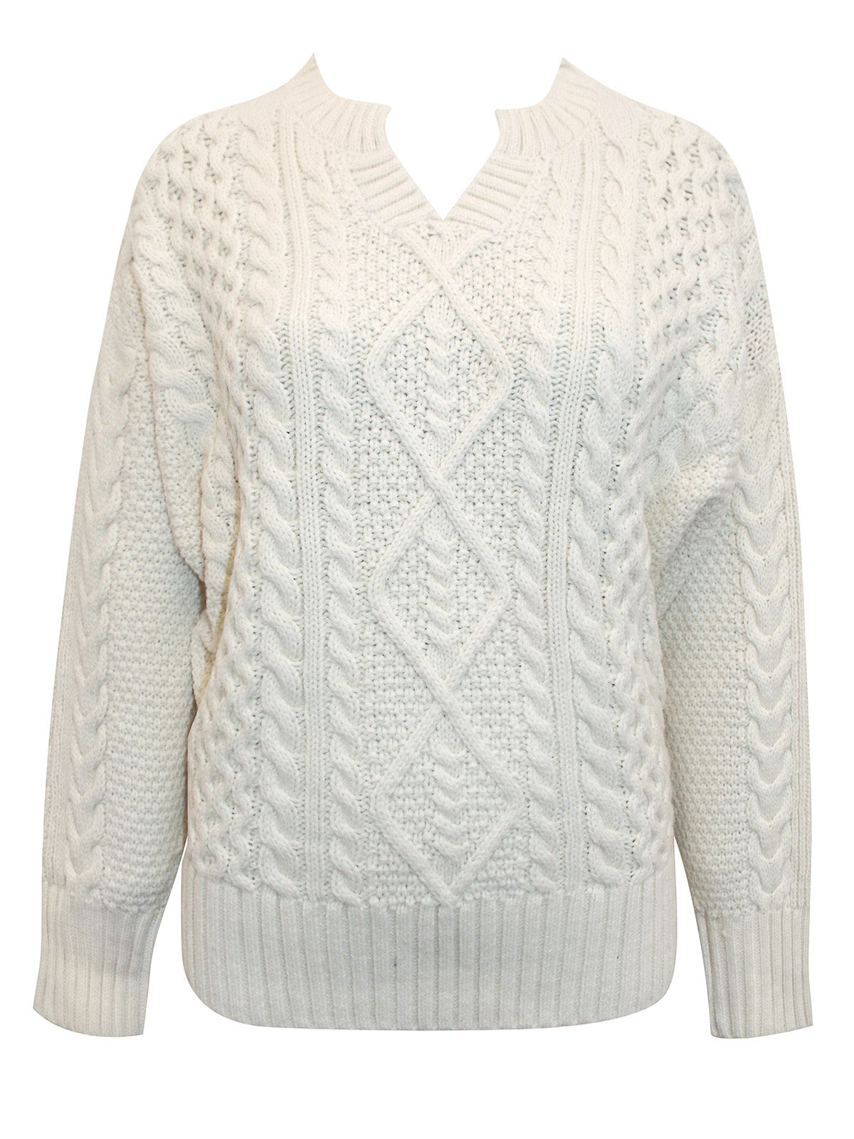 Ladies  Cream Ribbed V Neck Chunky Cable Knit Jumper