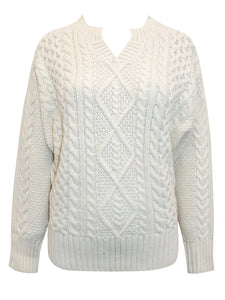 Ladies Yessica Cream Ribbed V Neck Chunky Cable Knit Jumper