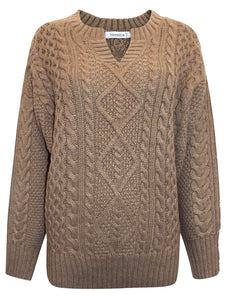 Ladies Yessica Coffee Ribbed V Neck Chunky Cable Knit Jumper