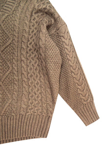 Ladies Yessica Coffee Ribbed V Neck Chunky Cable Knit Jumper