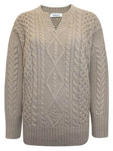 Ladies Yessica Beige Ribbed V Neck Chunky Cable Knit Jumper