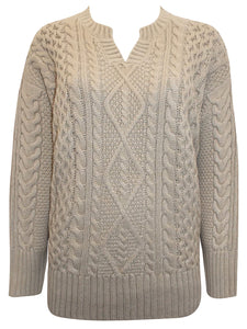 Ladies Yessica Beige Ribbed V Neck Chunky Cable Knit Jumper