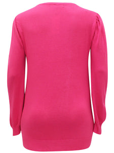 Pink Ruched Shoulder Soft Knit Crew Neck Plus Size Jumpers