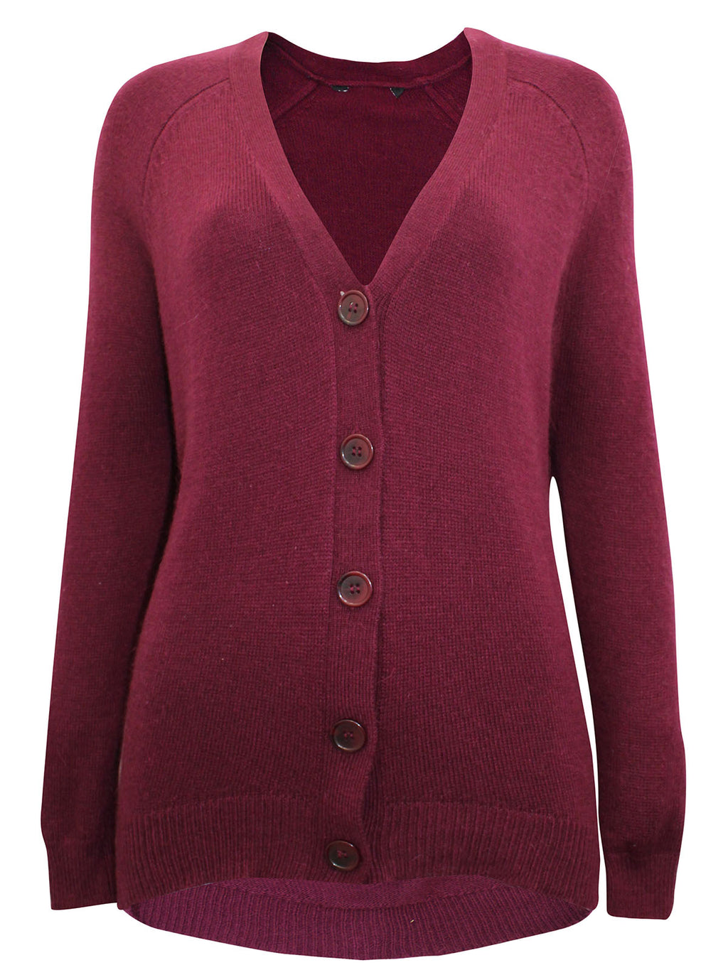 Ladies Claret Soft Knit Button Down Ribbed V Neck Cardigan