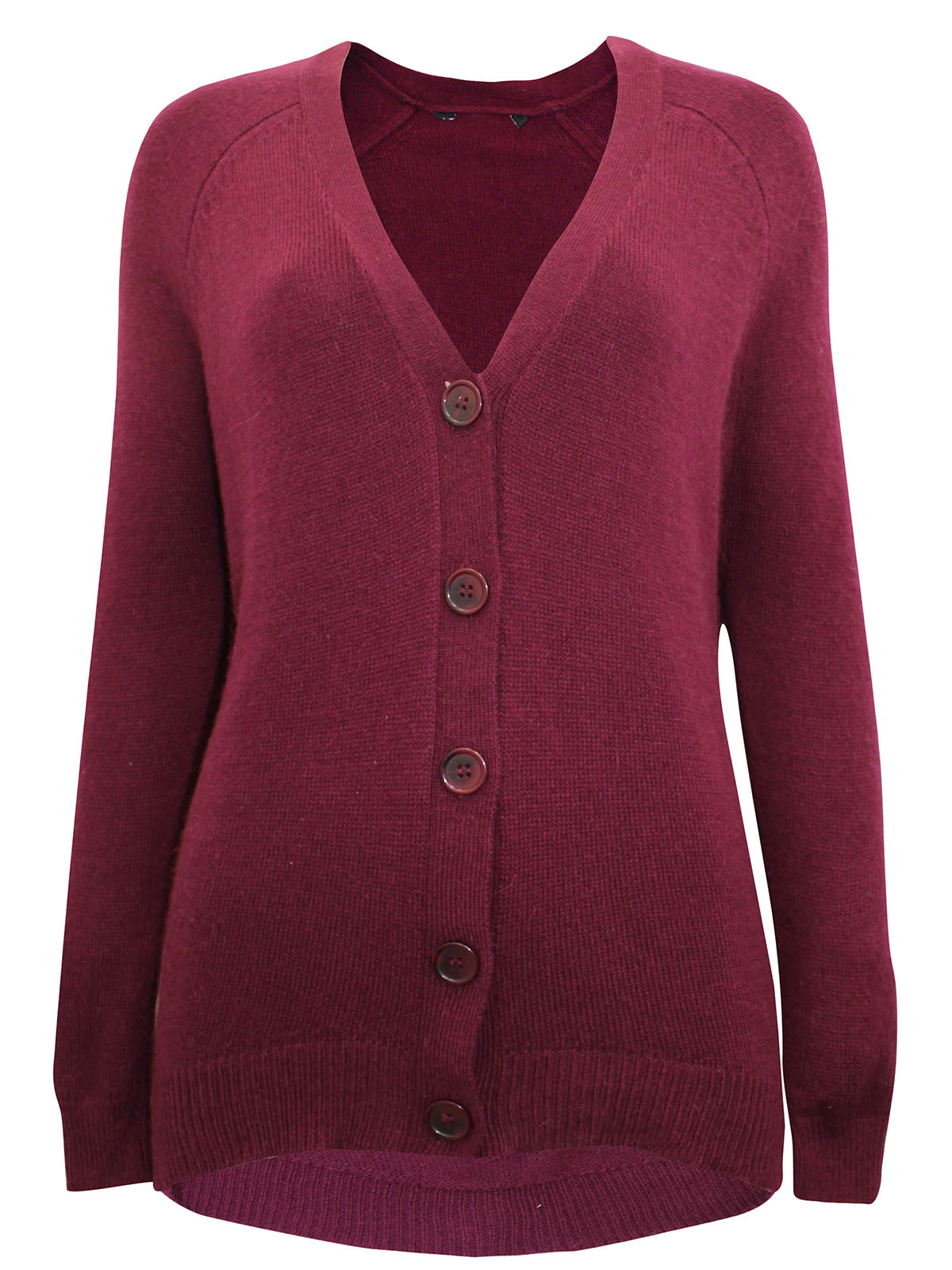 Ladies Claret Soft Knit Button Down Ribbed V Neck Cardigan