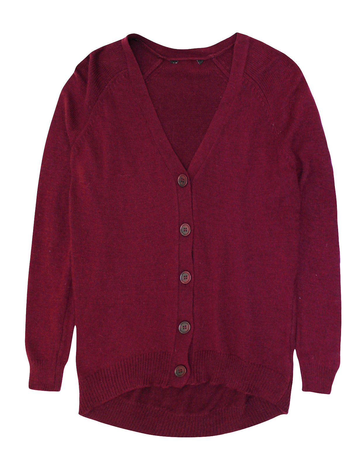 Ladies Claret Soft Knit Button Down Ribbed V Neck Cardigan