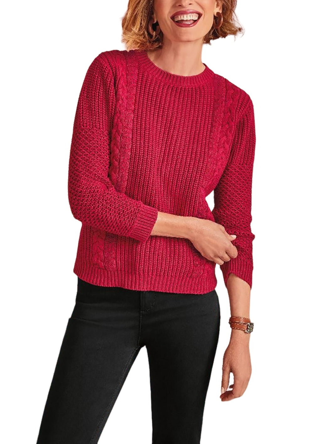 Ladies Red Lily Ella Textured Cotton Multi Stitch Thick Knit Long Sleeve Jumpers