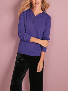 Ladies Lily Ella Purple Crochet Lace V-neck Cotton Jumper