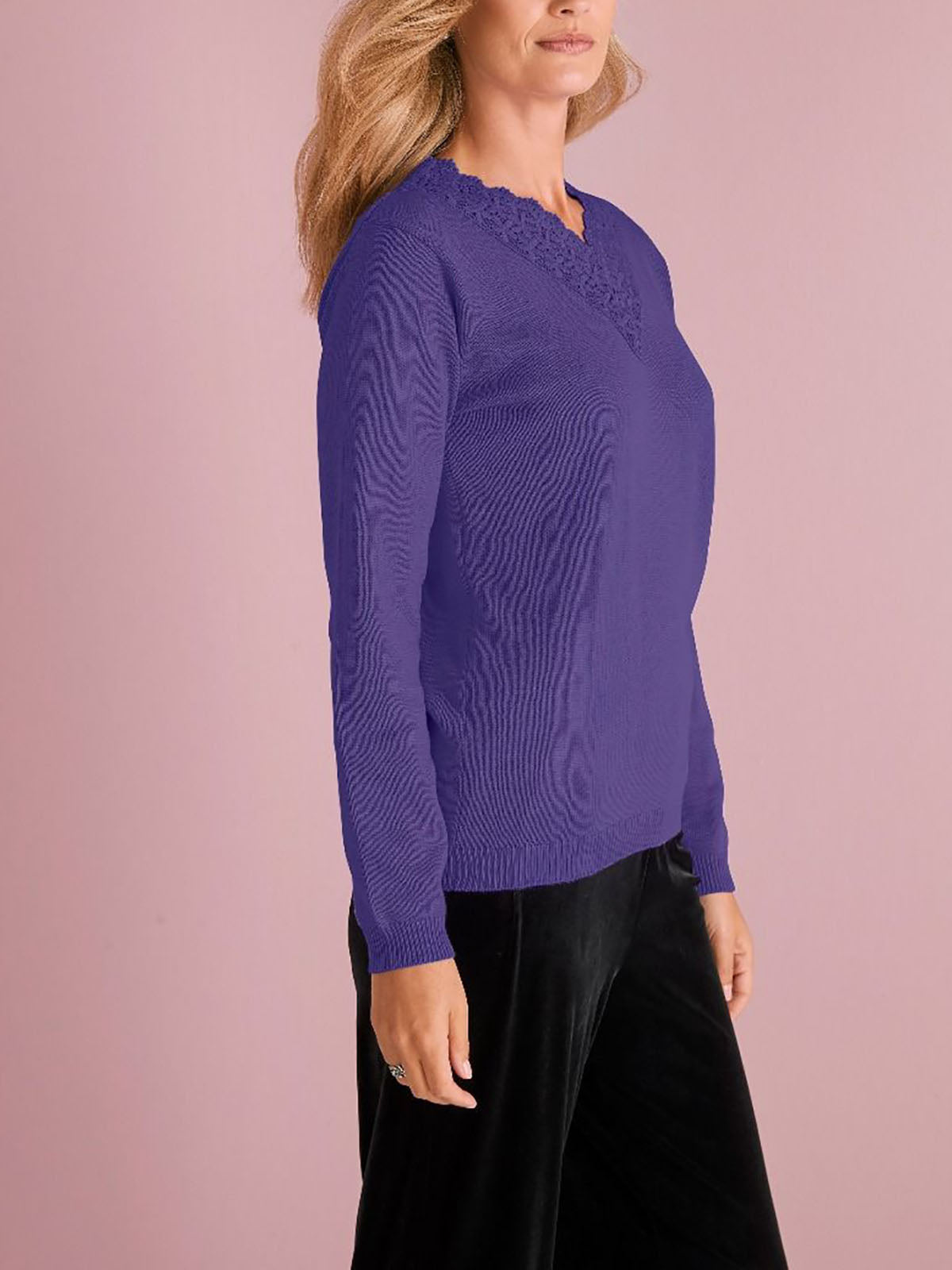Ladies Lily Ella Purple Crochet Lace V-neck Cotton Jumper