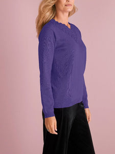Ladies Lily Ella Purple Crochet Lace V-neck Cotton Jumper