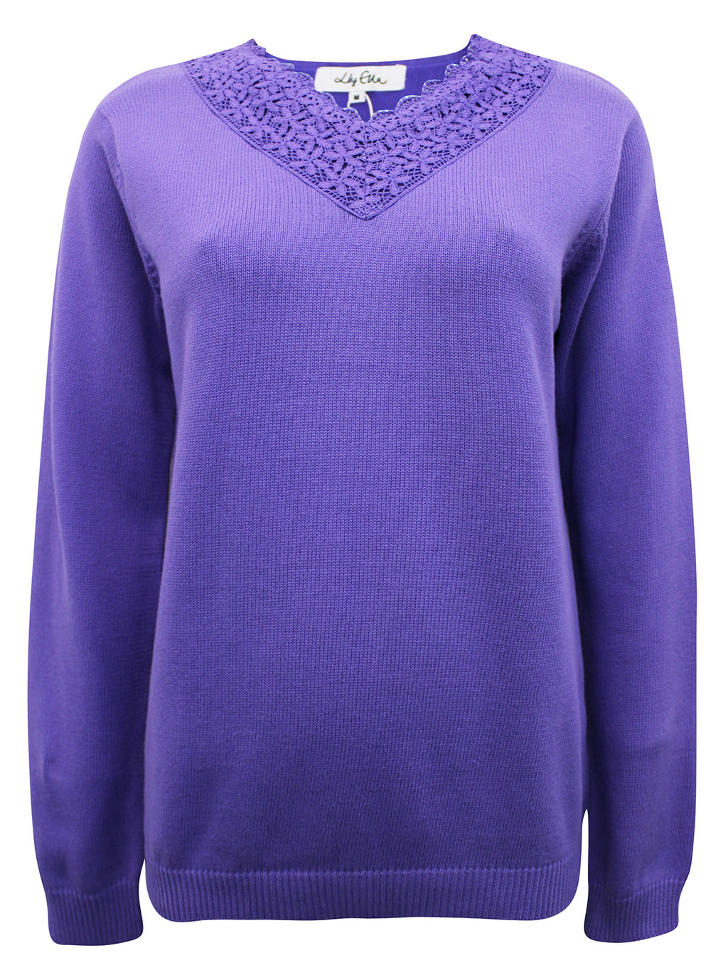 Ladies Lily Ella Purple Crochet Lace V-neck Cotton Jumper