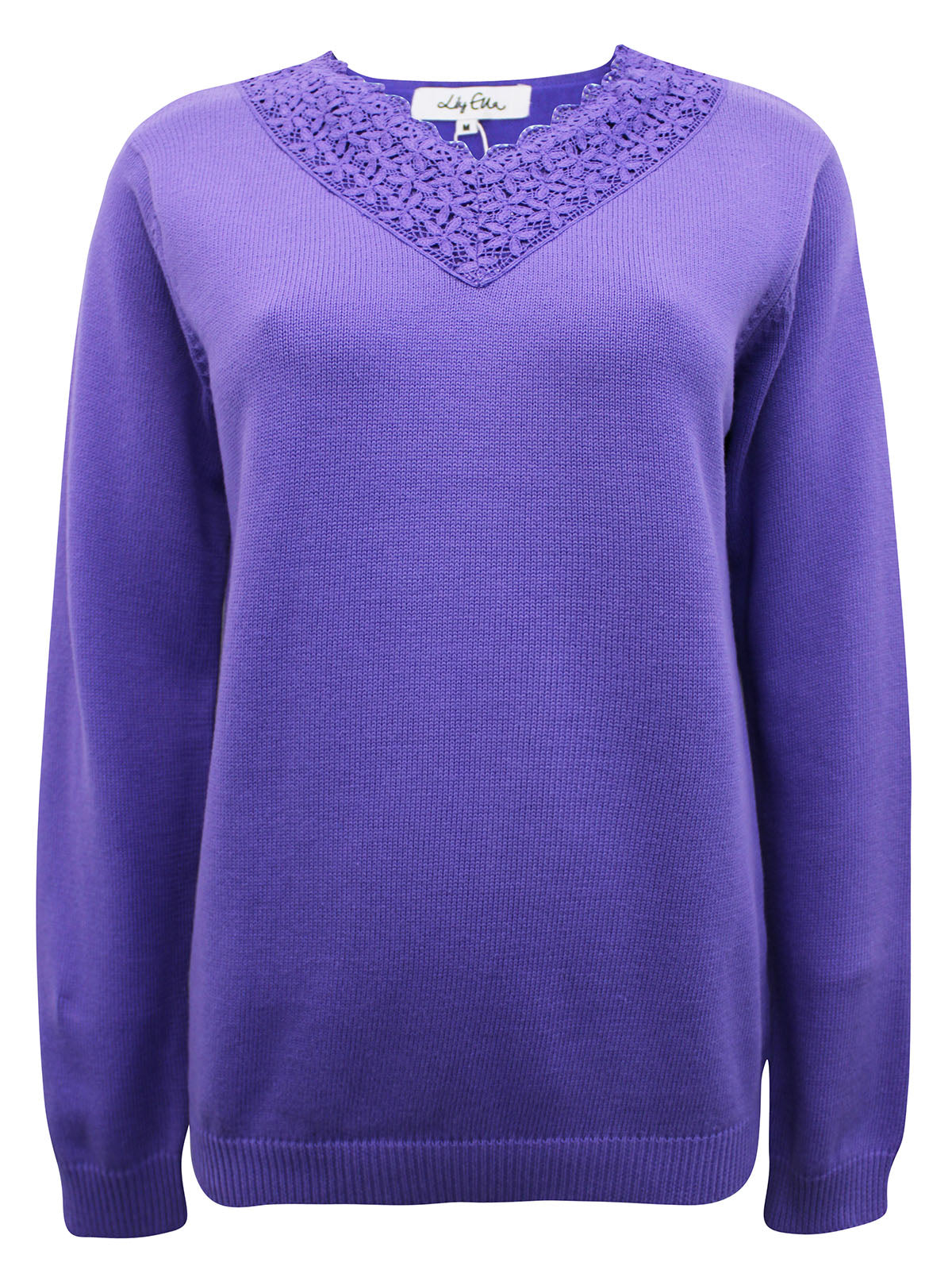 Ladies Lily Ella Purple Crochet Lace V-neck Cotton Jumper