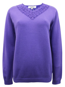 Ladies Lily Ella Purple Crochet Lace V-neck Cotton Jumper